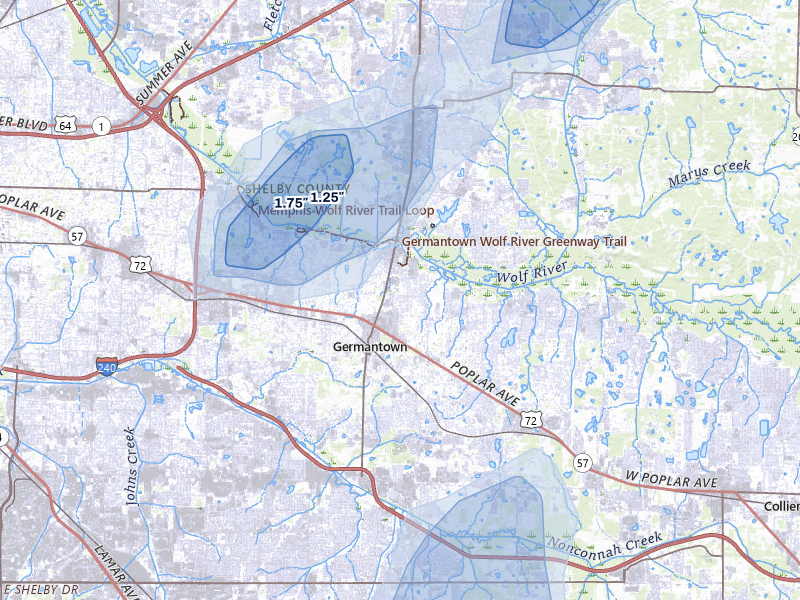NEXRAD radar-signature map of the hail over Germantown, TN