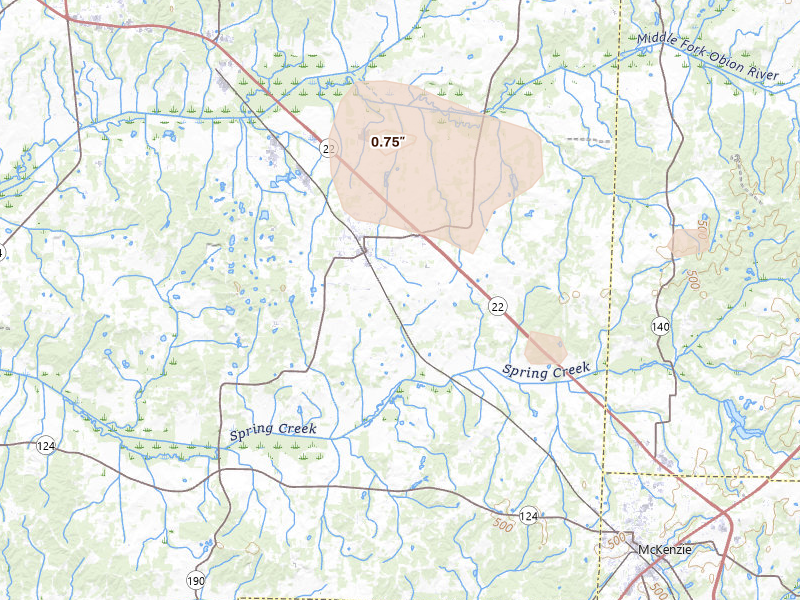 Radar-estimated hail-size map of the storm over Gleason, TN on Jun 1, 2026