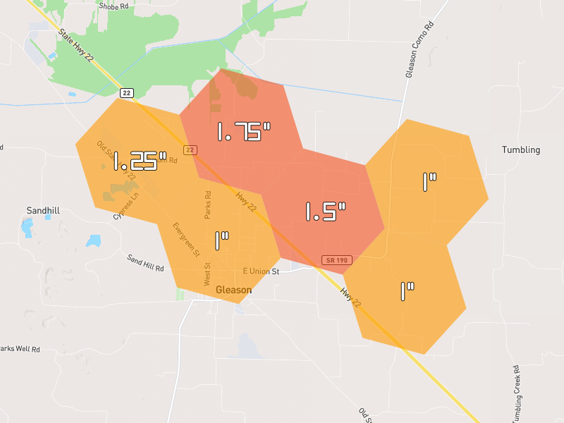 Hail map of Gleason, TN on Jun 1, 2026, hail up to 1.75"