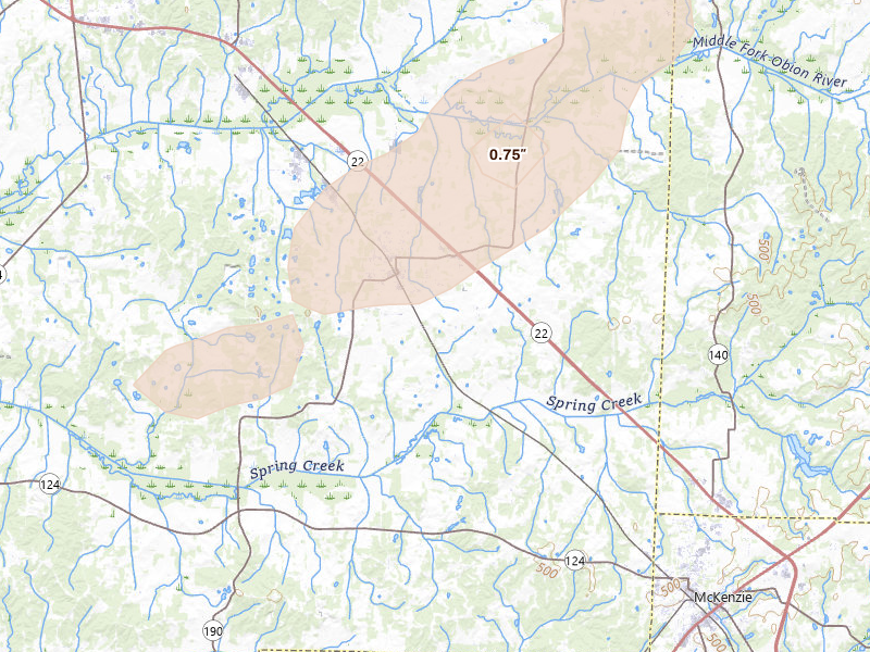 Radar-estimated hail-size map of the storm over Gleason, TN on Jun 9, 2026