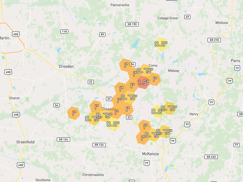 Hail map of Gleason, TN on Jun 9, 2026, hail up to 1.5"