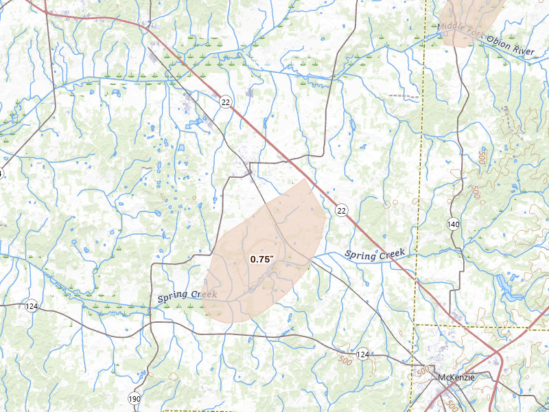 Radar-estimated hail-size map of the storm over Gleason, TN on Jul 4, 2026