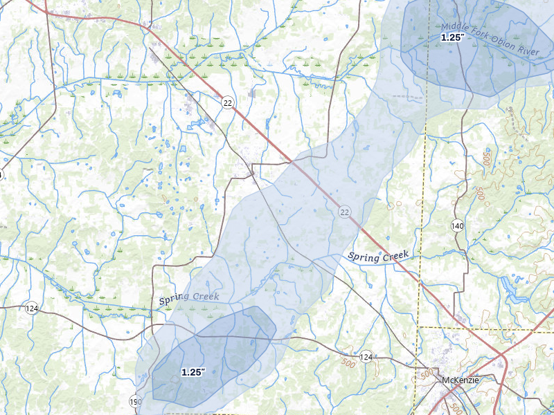NEXRAD radar-signature map of the hail over Gleason, TN