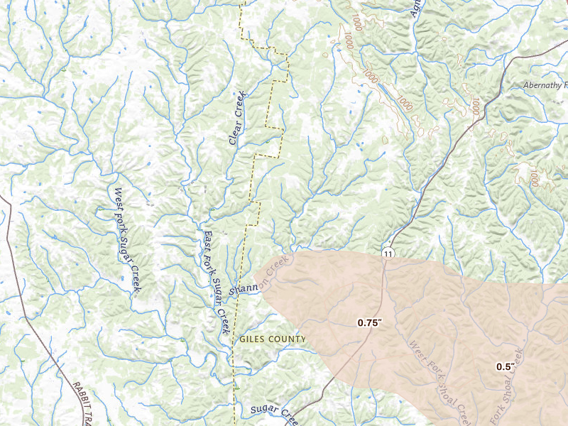 Radar-estimated hail-size map of the storm over Goodspring, TN on Jun 1, 2026