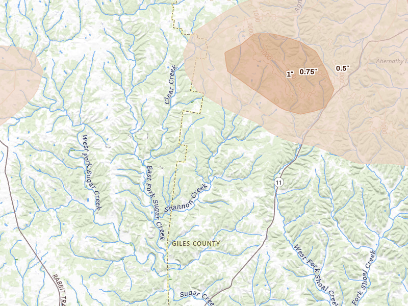 Radar-estimated hail-size map of the storm over Goodspring, TN on Aug 20, 2026