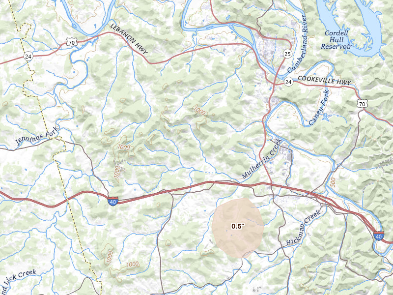 Radar-estimated hail-size map of the storm over Gordonsville, TN on Aug 5, 2026