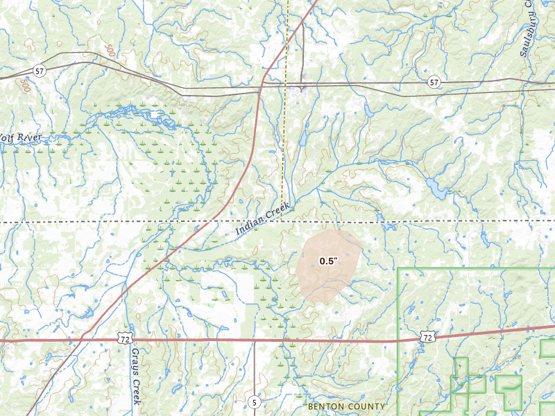 Radar-estimated hail-size map of the storm over Grand Junction, TN on Aug 8, 2026