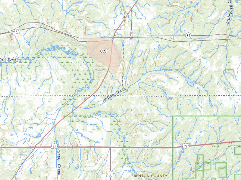 Radar-estimated hail-size map of the storm over Grand Junction, TN on Aug 27, 2026