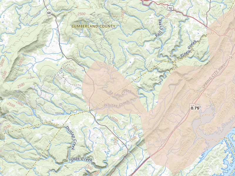 Radar-estimated hail-size map of the storm over Grandview, TN on Sep 5, 2026