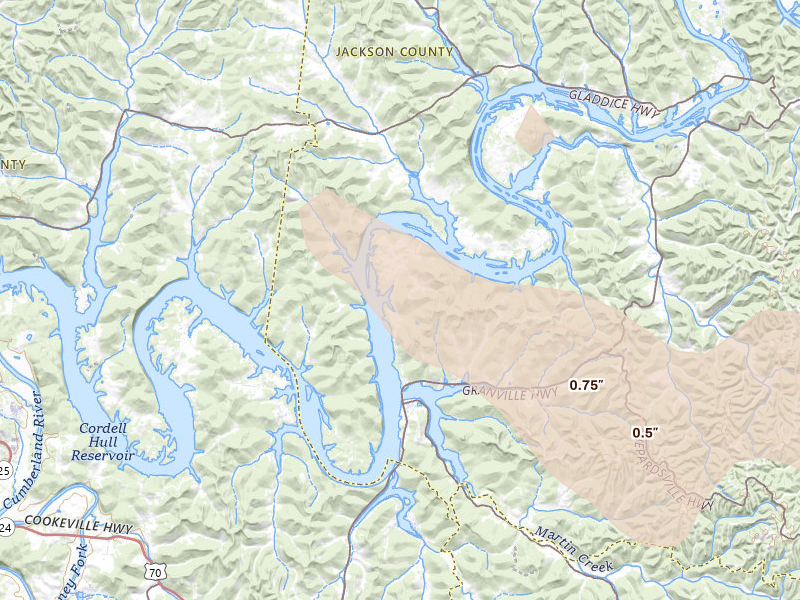 Radar-estimated hail-size map of the storm over Granville, TN