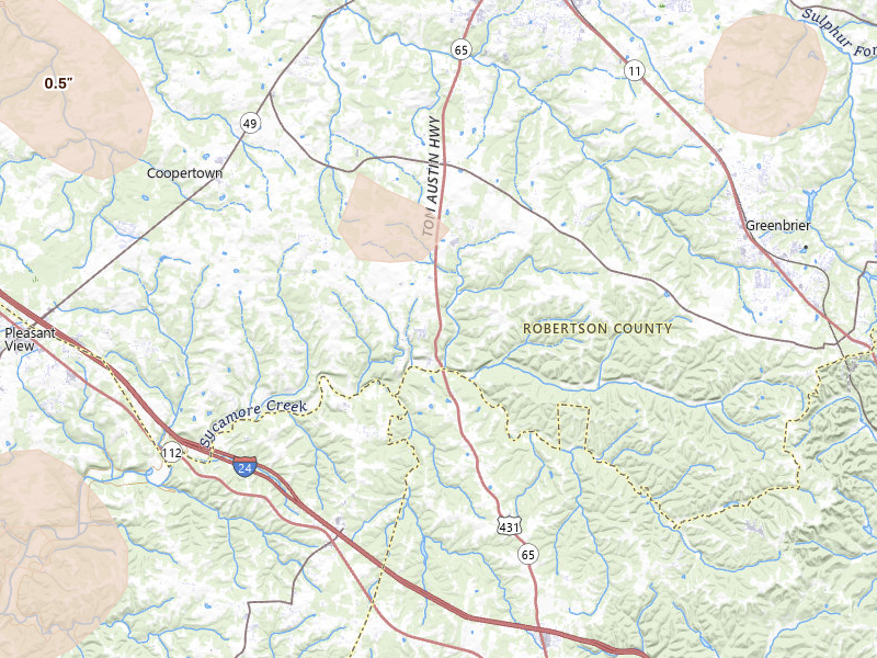 Radar-estimated hail-size map of the storm over Greenbrier, TN on Jun 9, 2026