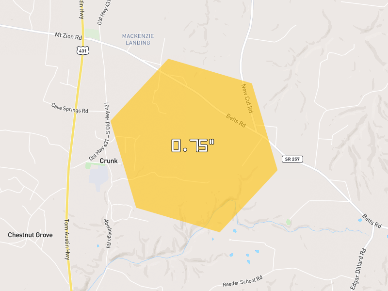 Hail map of Greenbrier, TN on Jun 9, 2026, hail up to 0.75"