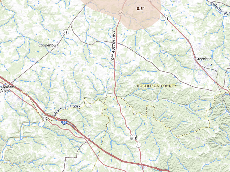 Radar-estimated hail-size map of the storm over Greenbrier, TN on Jul 21, 2026