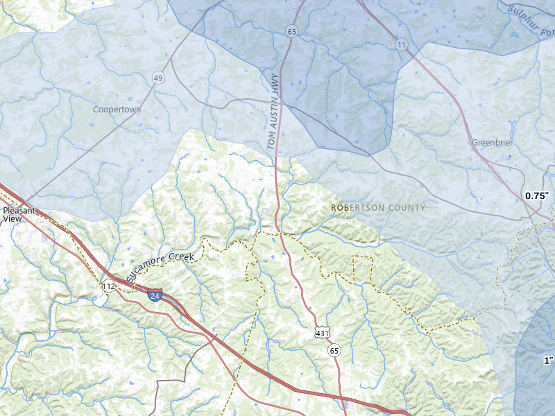 NEXRAD radar-signature map of the hail over Greenbrier, TN