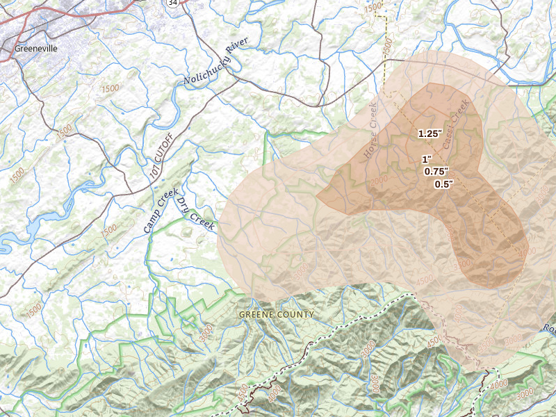 Radar-estimated hail-size map of the storm over Greeneville, TN on Jun 29, 2026