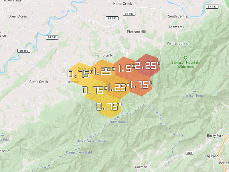 Hail map of Greeneville, TN on Jun 30, 2026, hail up to 2.25"