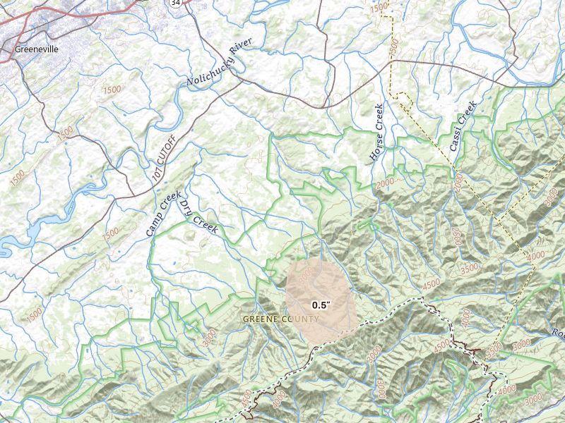 Radar-estimated hail-size map of the storm over Greeneville, TN on Jul 4, 2026