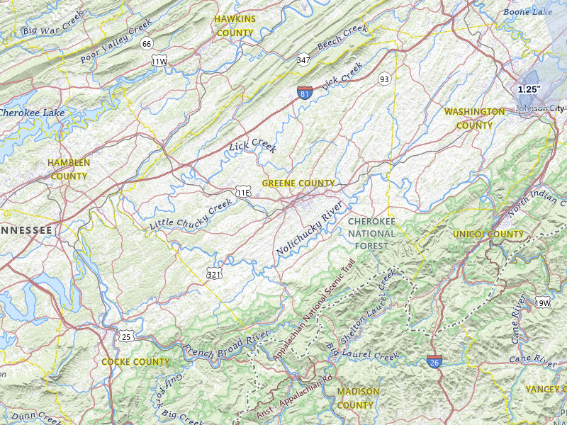 NEXRAD radar-signature map of the hail over Greeneville, TN