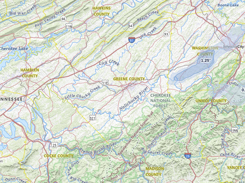 NEXRAD radar-signature map of the hail over Greeneville, TN