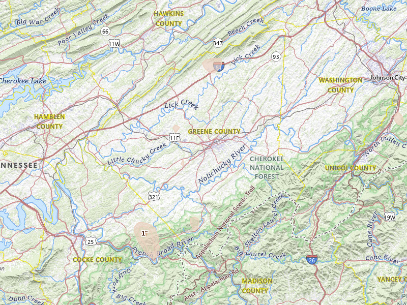 Radar-estimated hail-size map of the storm over Greeneville, TN on Aug 4, 2026