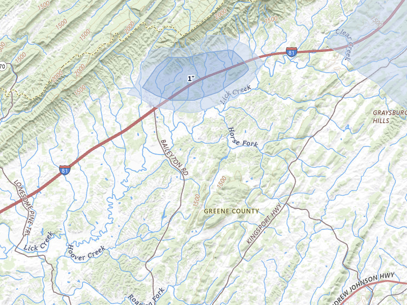 NEXRAD radar-signature map of the hail storm over Greeneville, TN on Aug 4, 2026