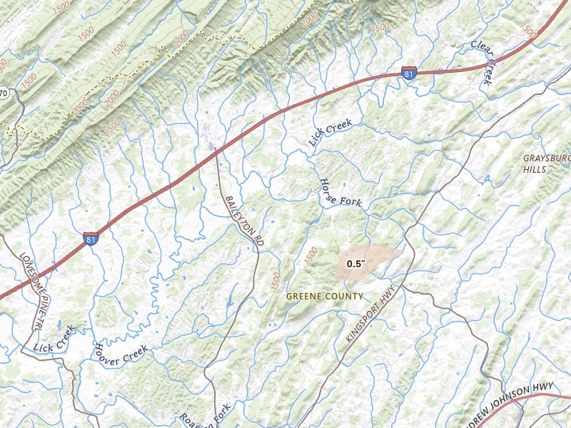 Radar-estimated hail-size map of the storm over Greeneville, TN on Aug 11, 2026