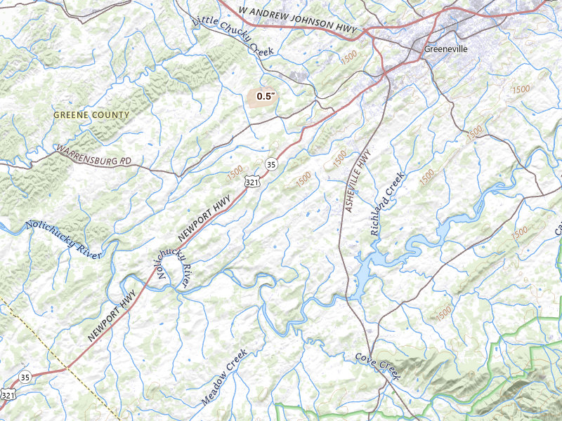 Radar-estimated hail-size map of the storm over Greeneville, TN on Aug 14, 2026