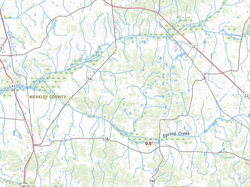 Radar-estimated hail-size map of the storm over Greenfield, TN on Jun 12, 2026