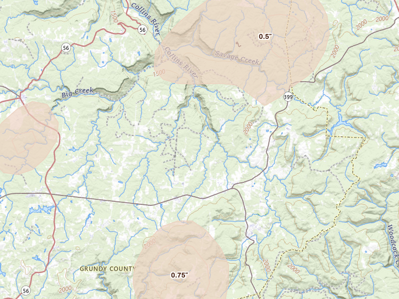 Radar-estimated hail-size map of the storm over Gruetli Laager, TN on Jul 3, 2026