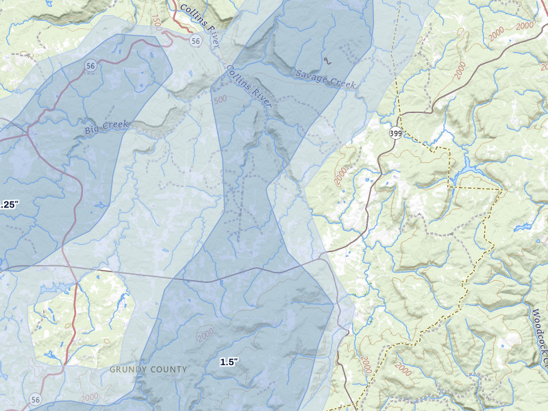 NEXRAD radar-signature map of the hail over Gruetli Laager, TN