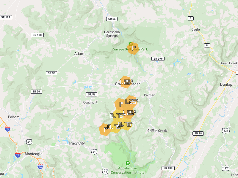 Hail map of Gruetli Laager, TN on Jul 3, 2026, hail up to 1.25"