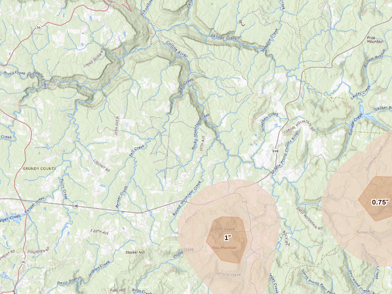 Radar-estimated hail-size map of the storm over Gruetli Laager, TN
