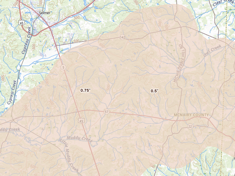 Radar-estimated hail-size map of the storm over Guys, TN on Mar 15, 2026