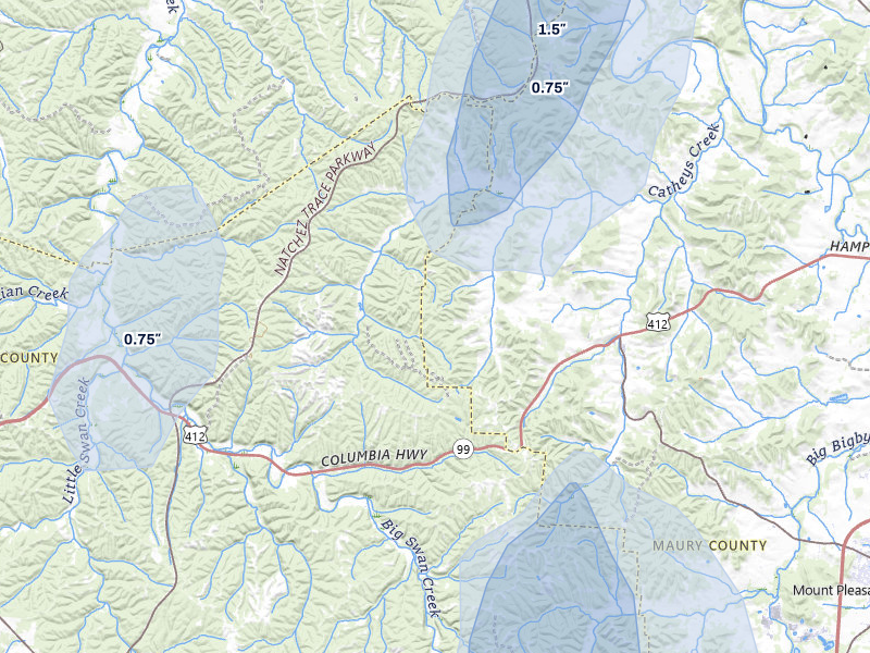 NEXRAD radar-signature map of the hail storm over Hampshire, TN on Jul 5, 2026