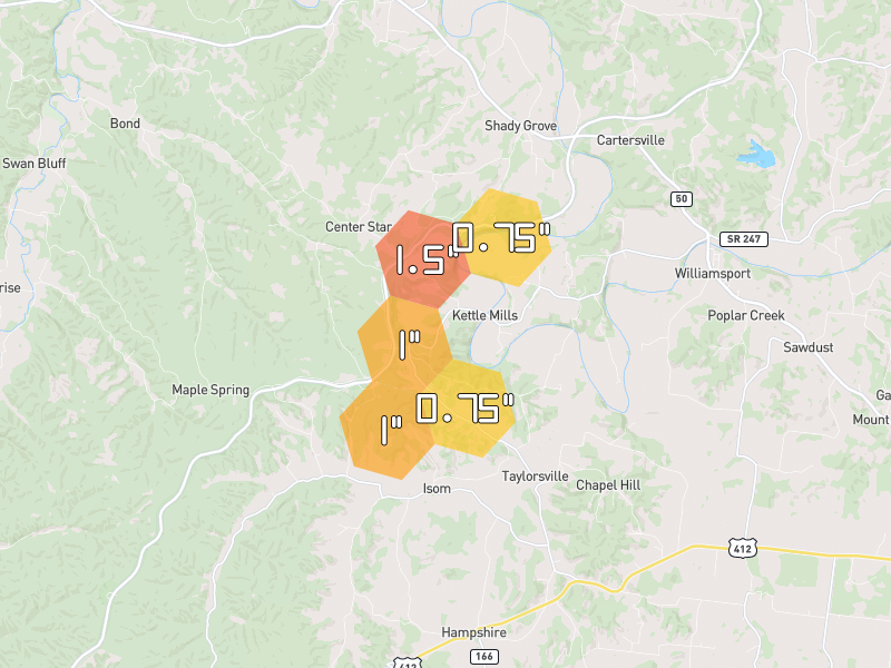 Hail map of Hampshire, TN on Jul 5, 2026, hail up to 1.5"