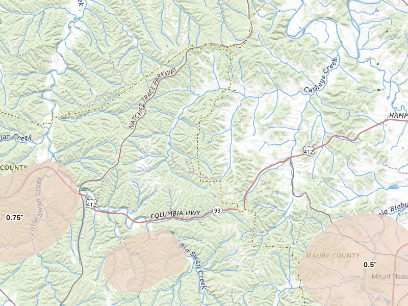 Radar-estimated hail-size map of the storm over Hampshire, TN on Jul 11, 2026