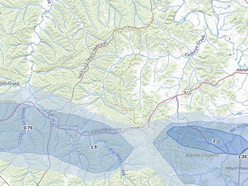 NEXRAD radar-signature map of the hail storm over Hampshire, TN on Jul 11, 2026