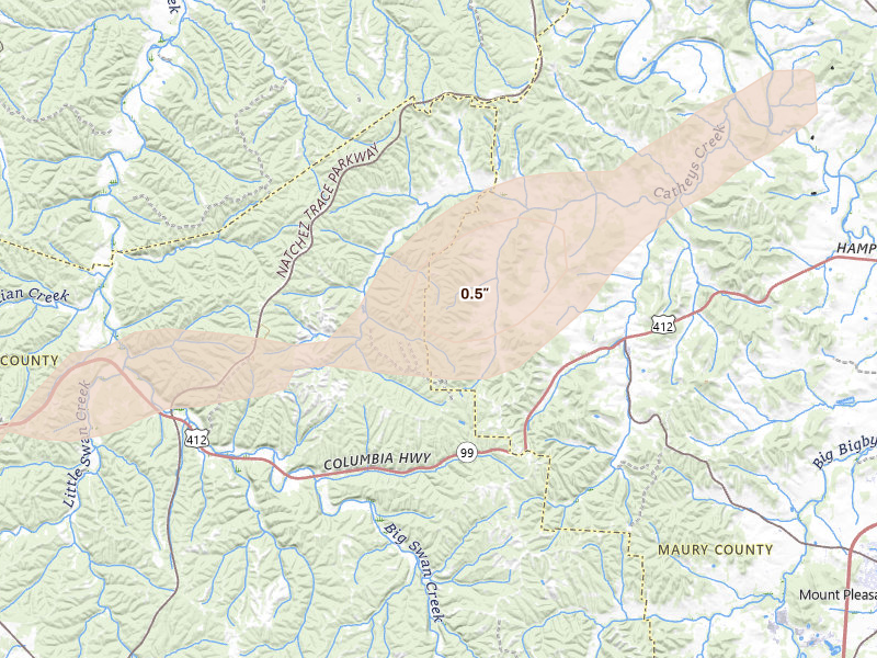 Radar-estimated hail-size map of the storm over Hampshire, TN on Aug 8, 2026