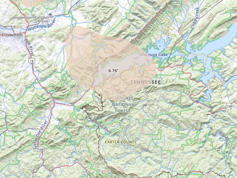 Radar-estimated hail-size map of the storm over Hampton, TN on Aug 11, 2026