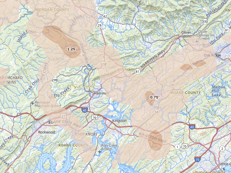 Radar-estimated hail-size map of the storm over Harriman, TN on Jul 3, 2026
