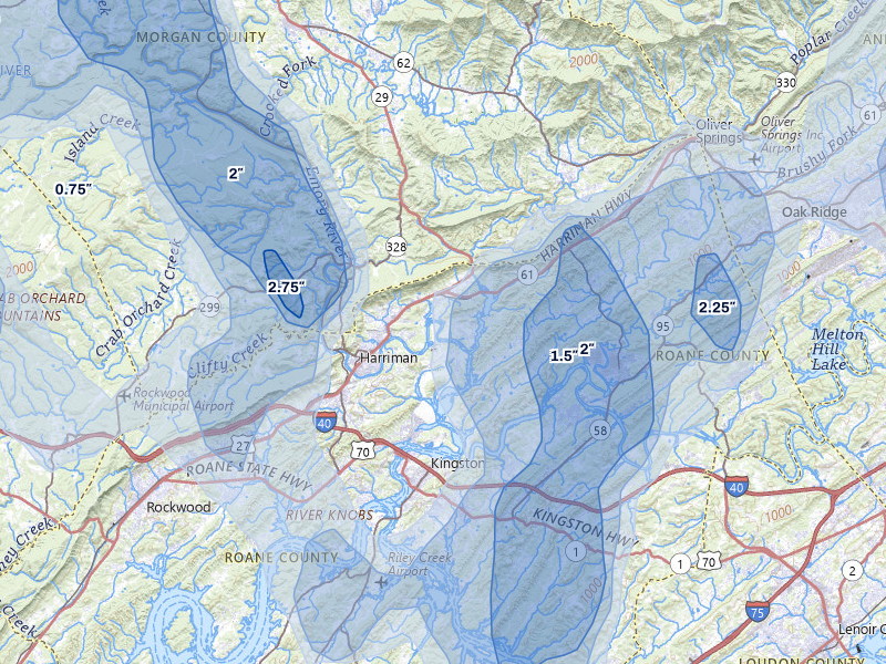 NEXRAD radar-signature map of the hail storm over Harriman, TN on Jul 3, 2026