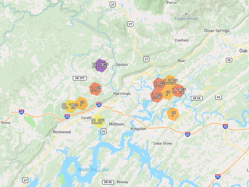 Hail map of Harriman, TN on Jul 3, 2026, hail up to 2.75"