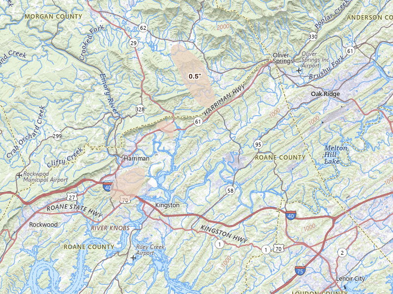 Radar-estimated hail-size map of the storm over Harriman, TN on Aug 11, 2026
