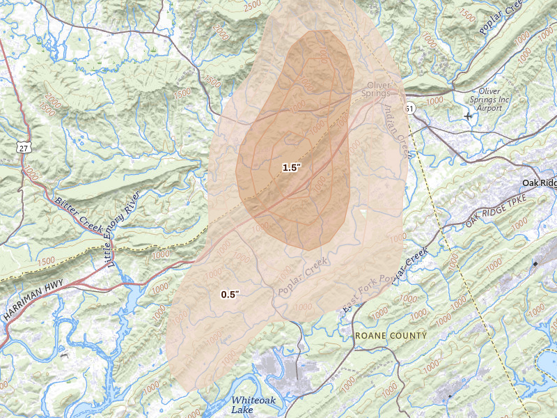 Radar-estimated hail-size map of the storm over Harriman, TN