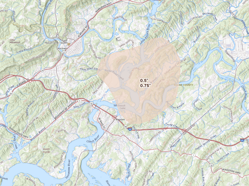 Radar-estimated hail-size map of the storm over Harriman, TN