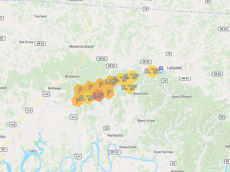 Hail map of Hartsville, TN on Jun 27, 2026, hail up to 1.5"