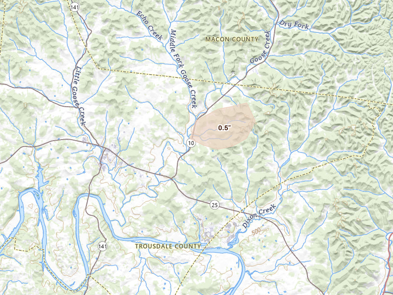 Radar-estimated hail-size map of the storm over Hartsville, TN on Aug 7, 2026