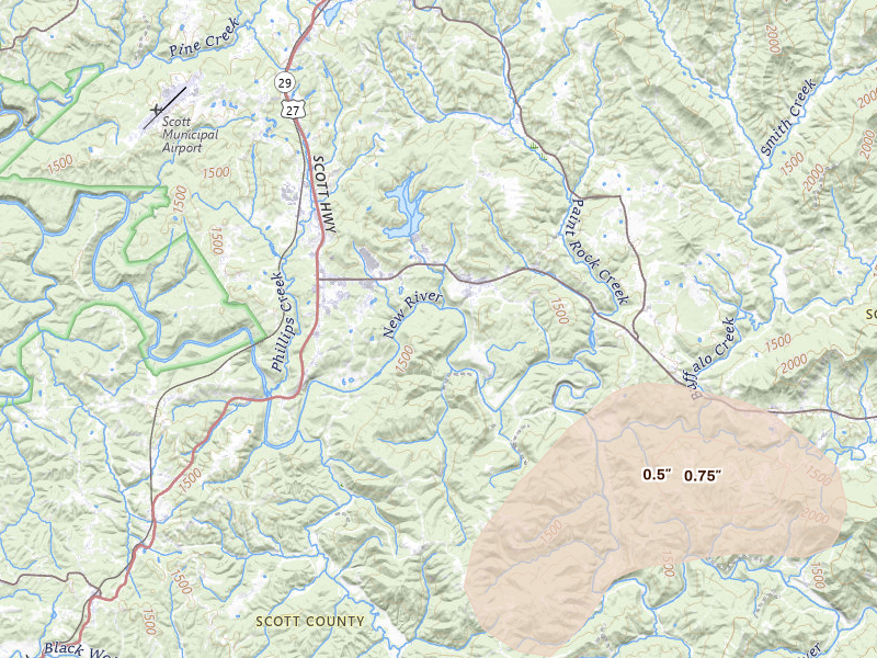 Radar-estimated hail-size map of the storm over Helenwood, TN on Jul 3, 2026
