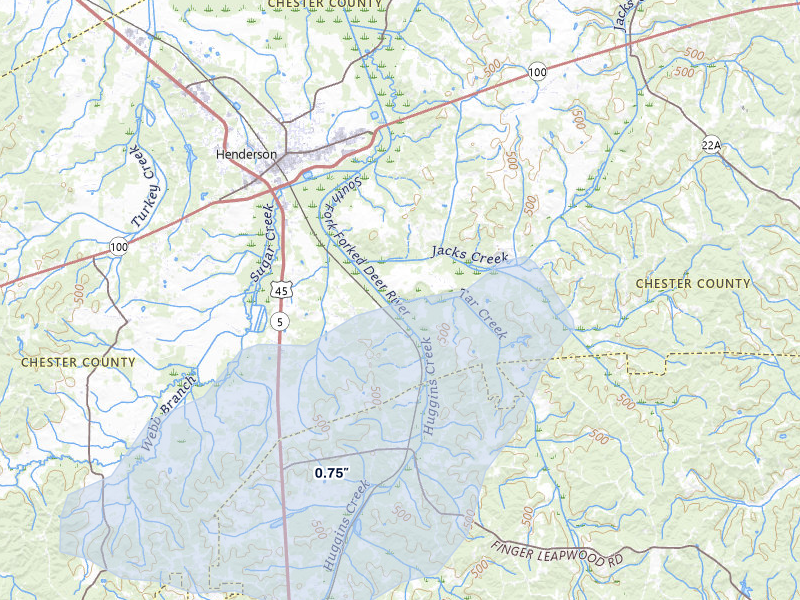 NEXRAD radar-signature map of the hail over Henderson, TN