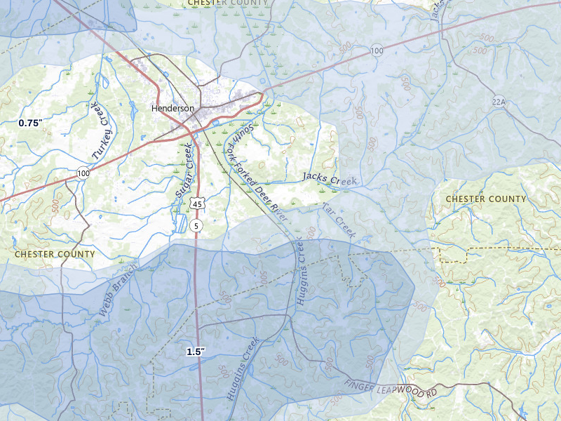 NEXRAD radar-signature map of the hail over Henderson, TN